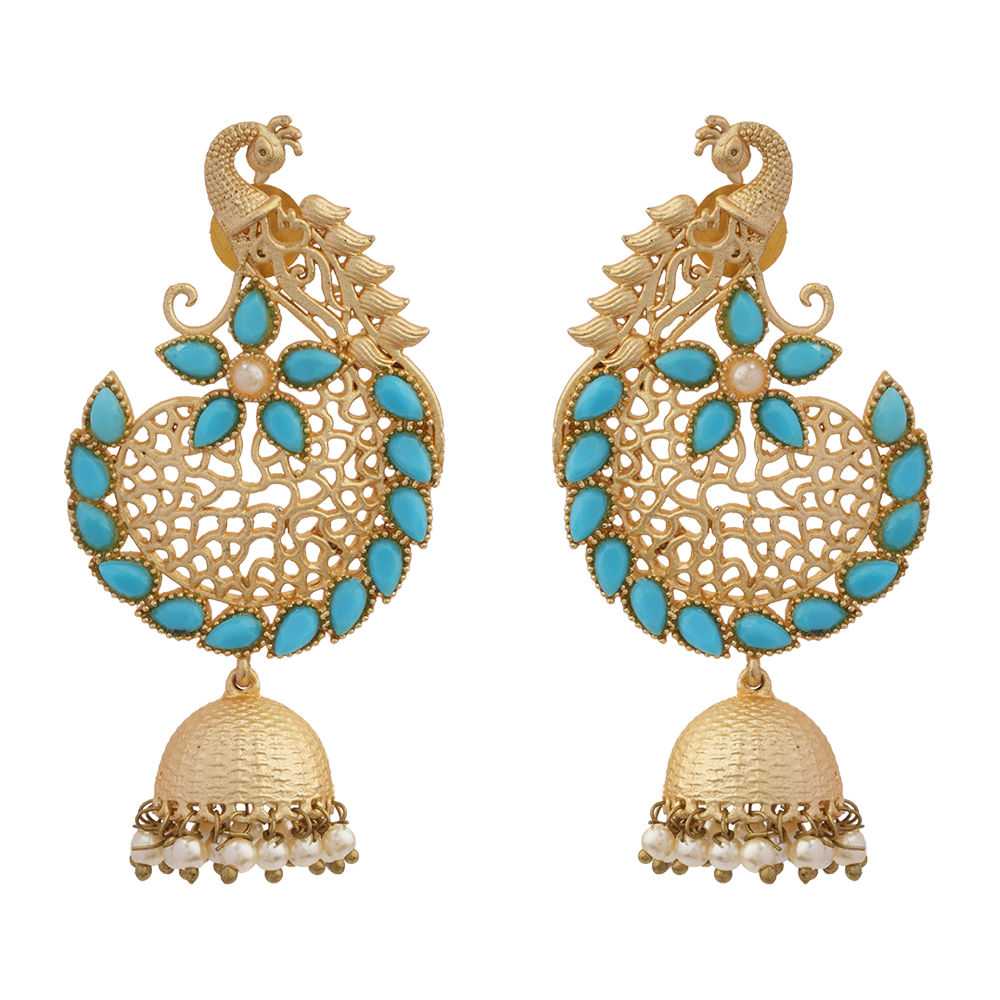 Prisha- Stone Studded Hanging Pearl Jhumki Earrings(Sky Blue)