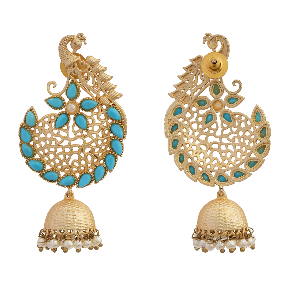 Prisha- Stone Studded Hanging Pearl Jhumki Earrings(Sky Blue)