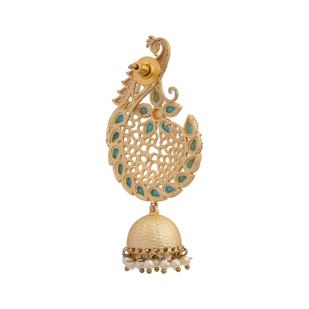 Prisha- Stone Studded Hanging Pearl Jhumki Earrings(Sky Blue)