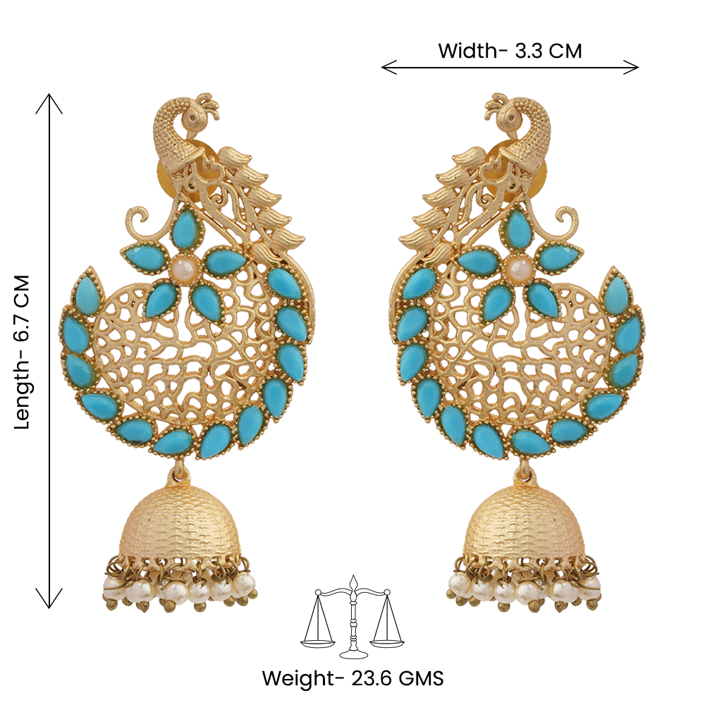 Prisha- Stone Studded Hanging Pearl Jhumki Earrings(Sky Blue)