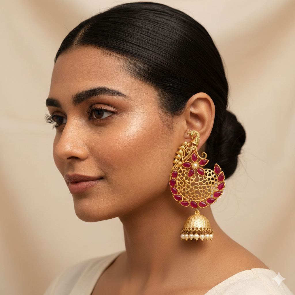 Prisha- Stone Studded Hanging Pearl Jhumki Earrings(Dark Red)