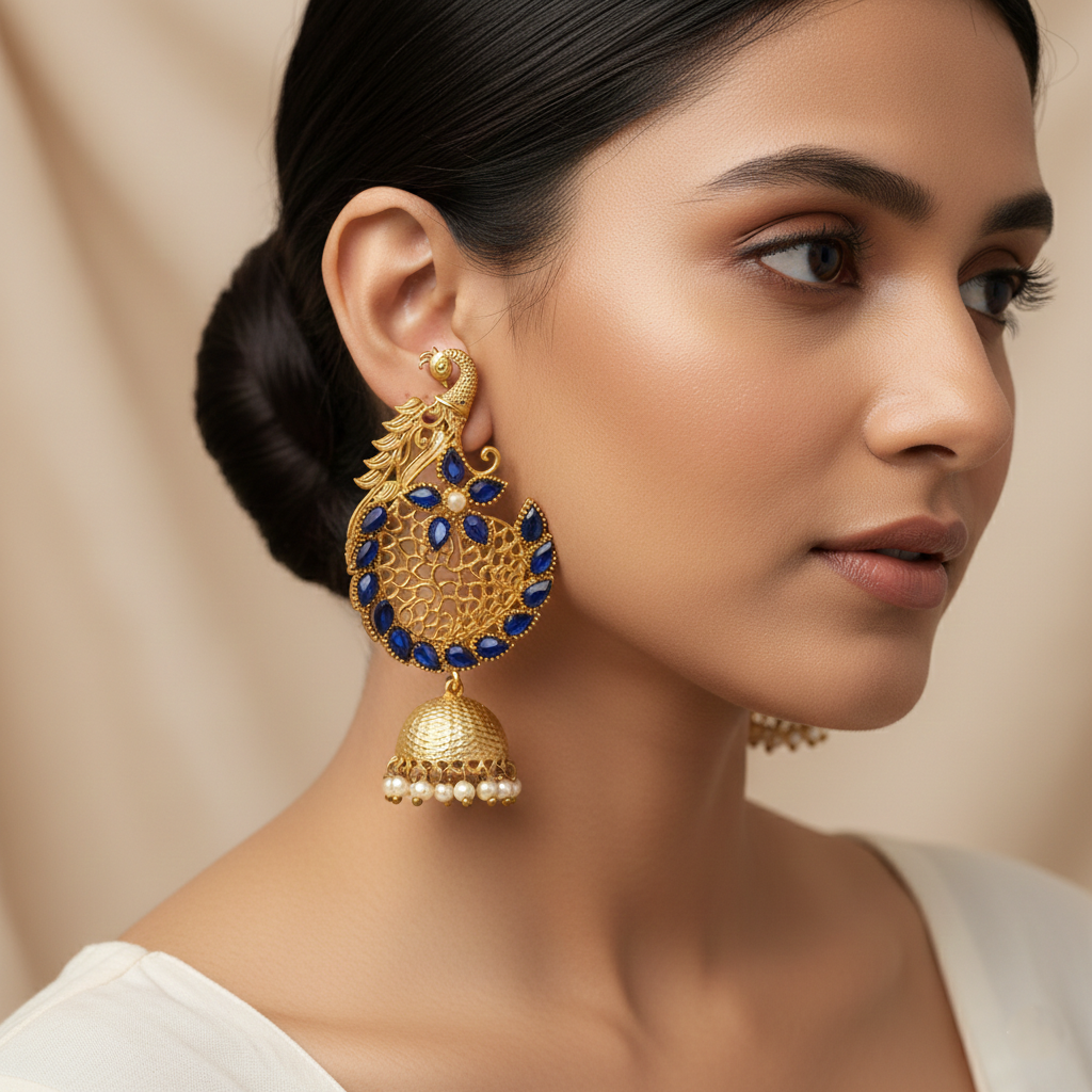 Prisha- Stone Studded Hanging Pearl Jhumki Earrings(Navy Blue)