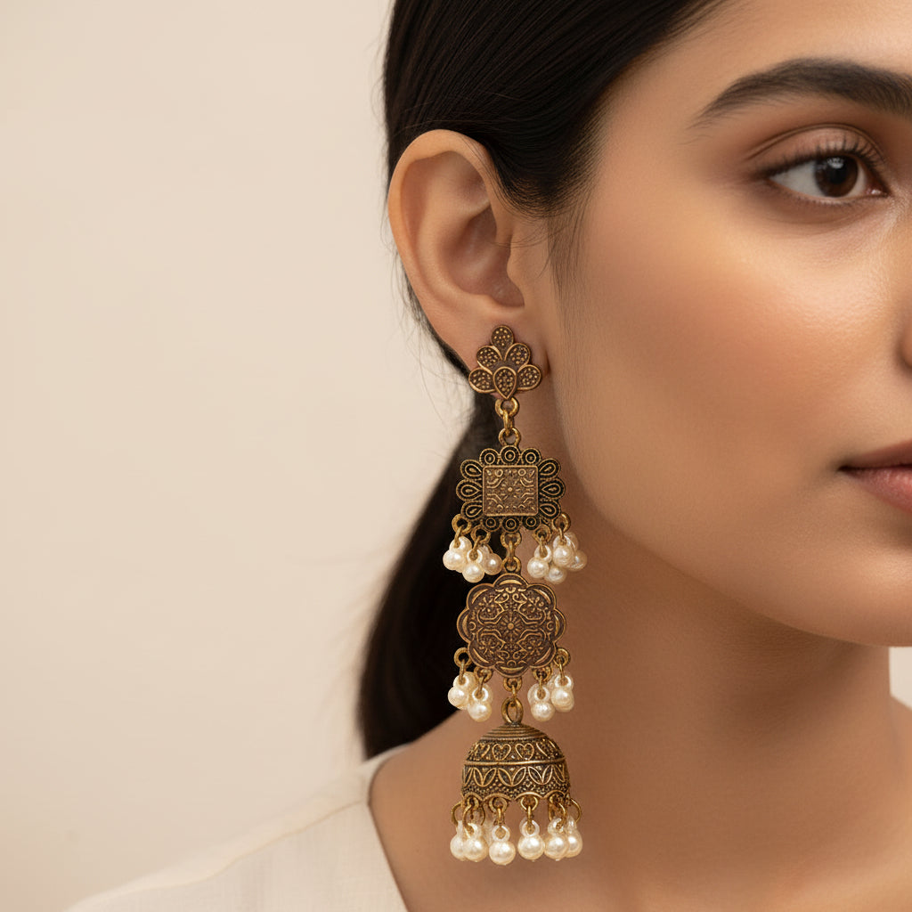 Rachita- Golden Hanging Pearl Jhumki Earrings
