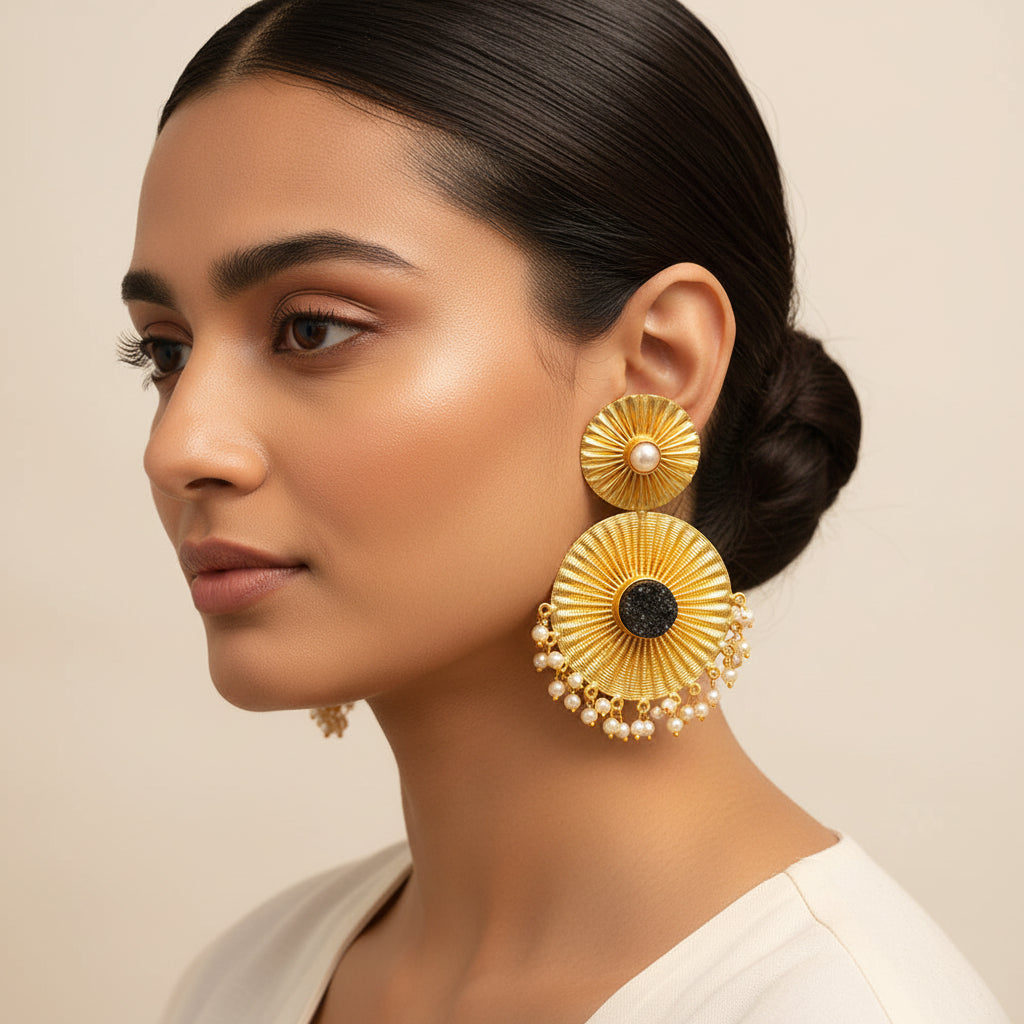 Radha- Natural Stone Studded Dangler Earrings(Black)