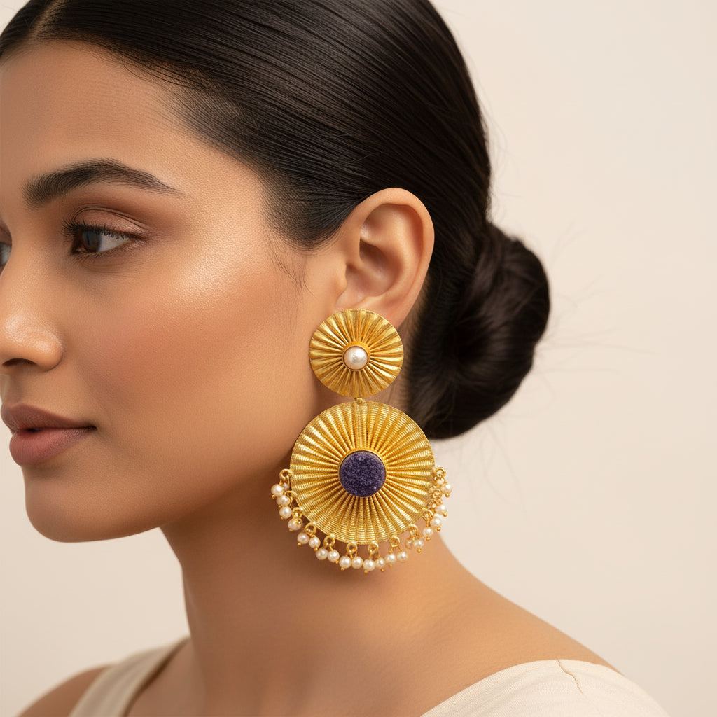 Radha- Natural Stone Studded Dangler Earrings(Purple)