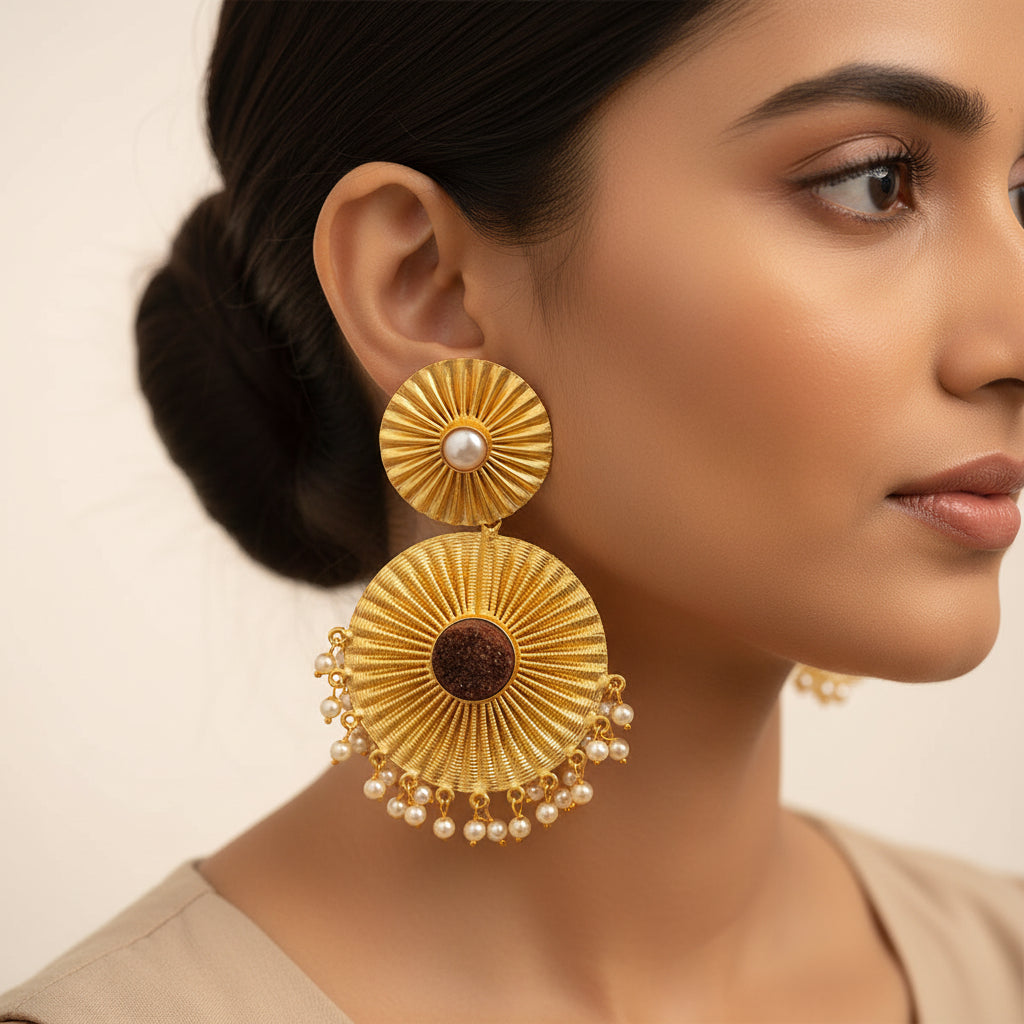 Radha- Natural Stone Studded Dangler Earrings(Brown)