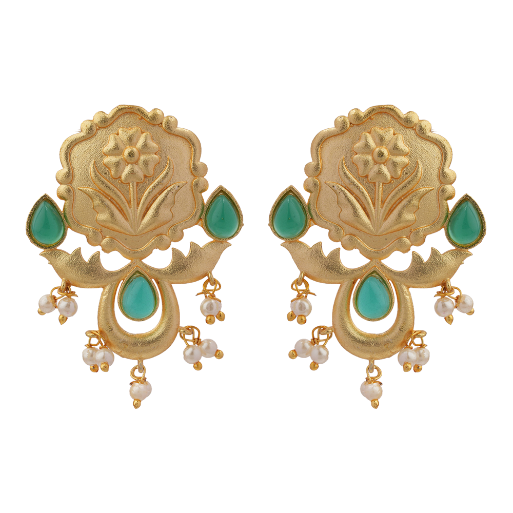 Ritika- Stone Studded Hanging Pearls Stud Earrings(Green)