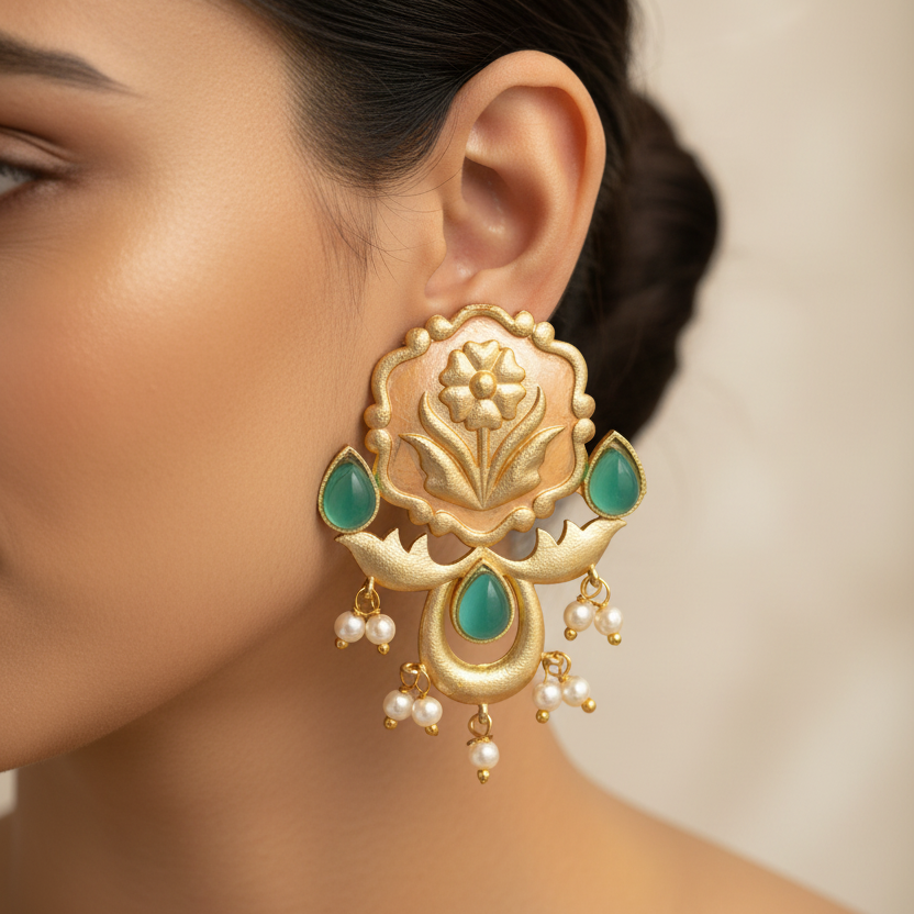 Ritika- Stone Studded Hanging Pearls Stud Earrings(Green)