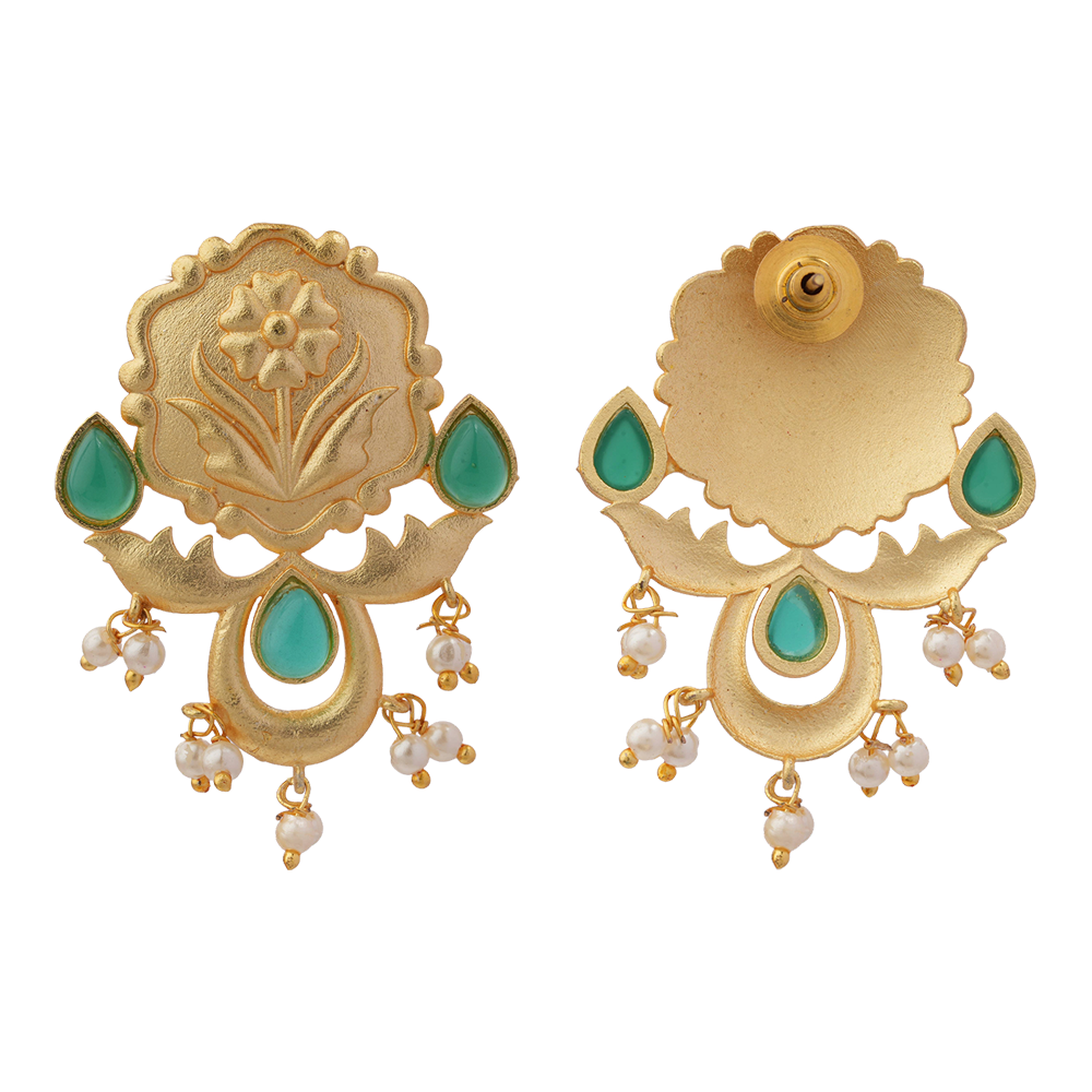 Ritika- Stone Studded Hanging Pearls Stud Earrings(Green)