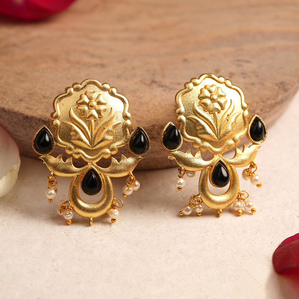 Ritika- Stone Studded Hanging Pearls Stud Earrings(Black)