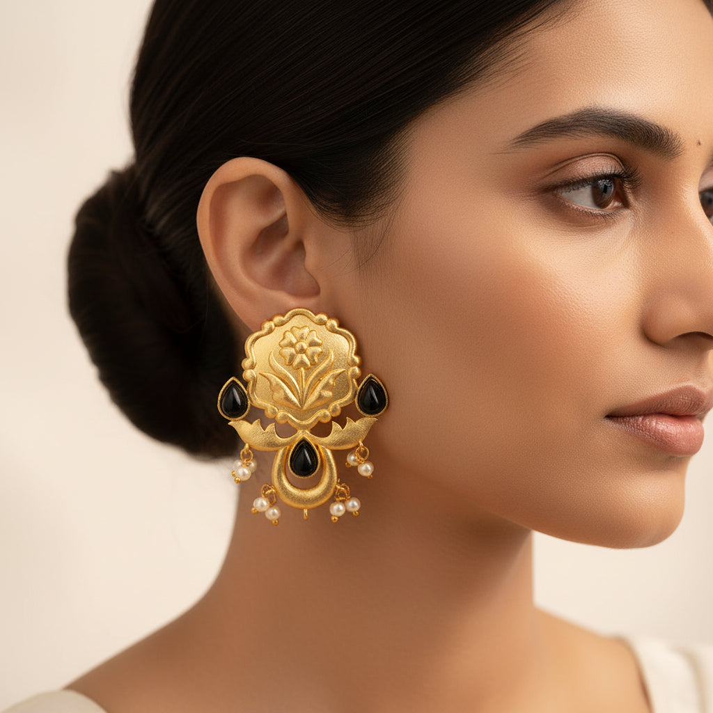 Ritika- Stone Studded Hanging Pearls Stud Earrings(Black)