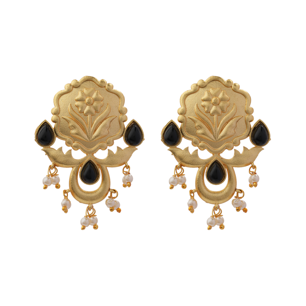 Ritika- Stone Studded Hanging Pearls Stud Earrings(Black)