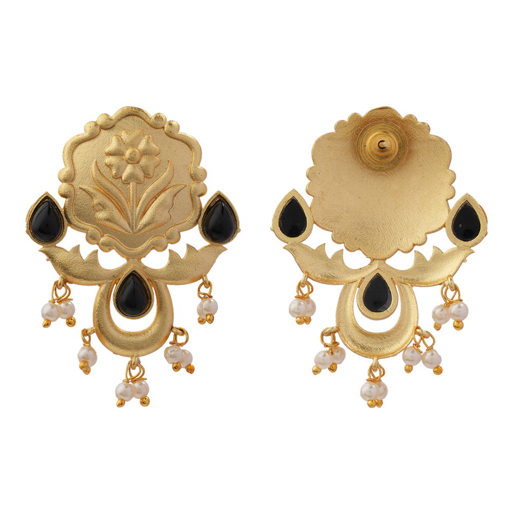 Ritika- Stone Studded Hanging Pearls Stud Earrings(Black)