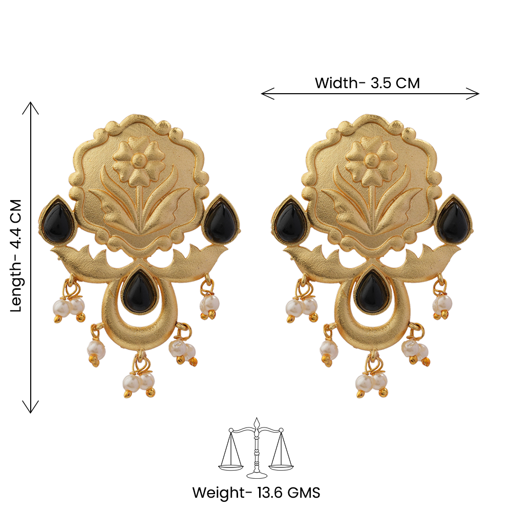 Ritika- Stone Studded Hanging Pearls Stud Earrings(Black)