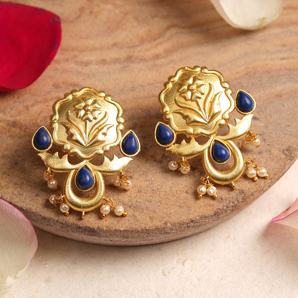 Ritika- Stone Studded Hanging Pearls Stud Earrings(Blue)
