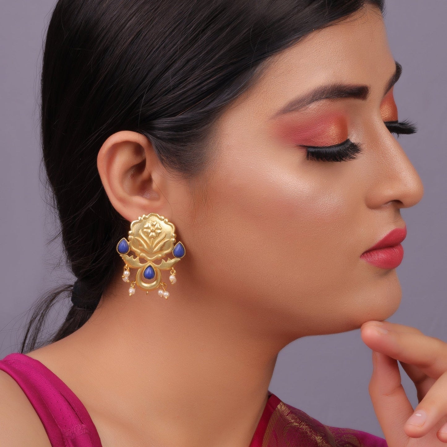 Ritika- Stone Studded Hanging Pearls Stud Earrings(Blue)