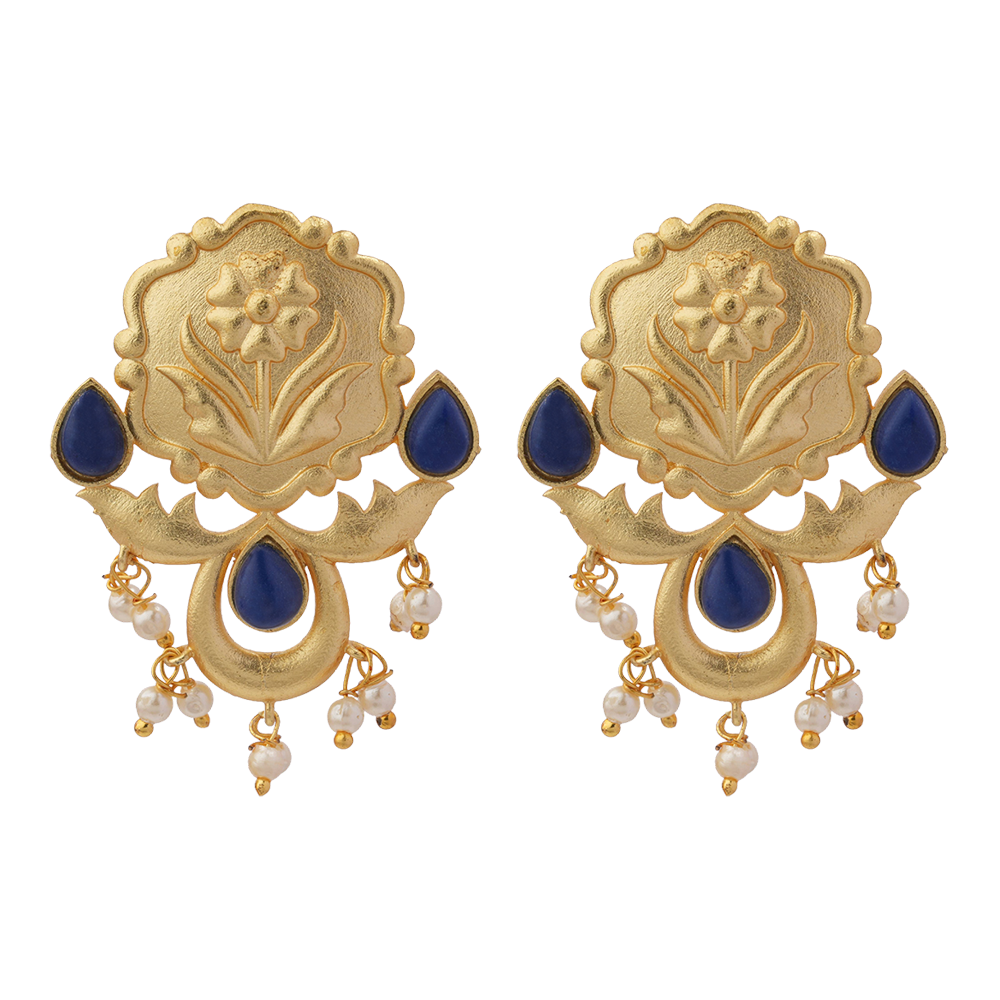 Ritika- Stone Studded Hanging Pearls Stud Earrings(Blue)