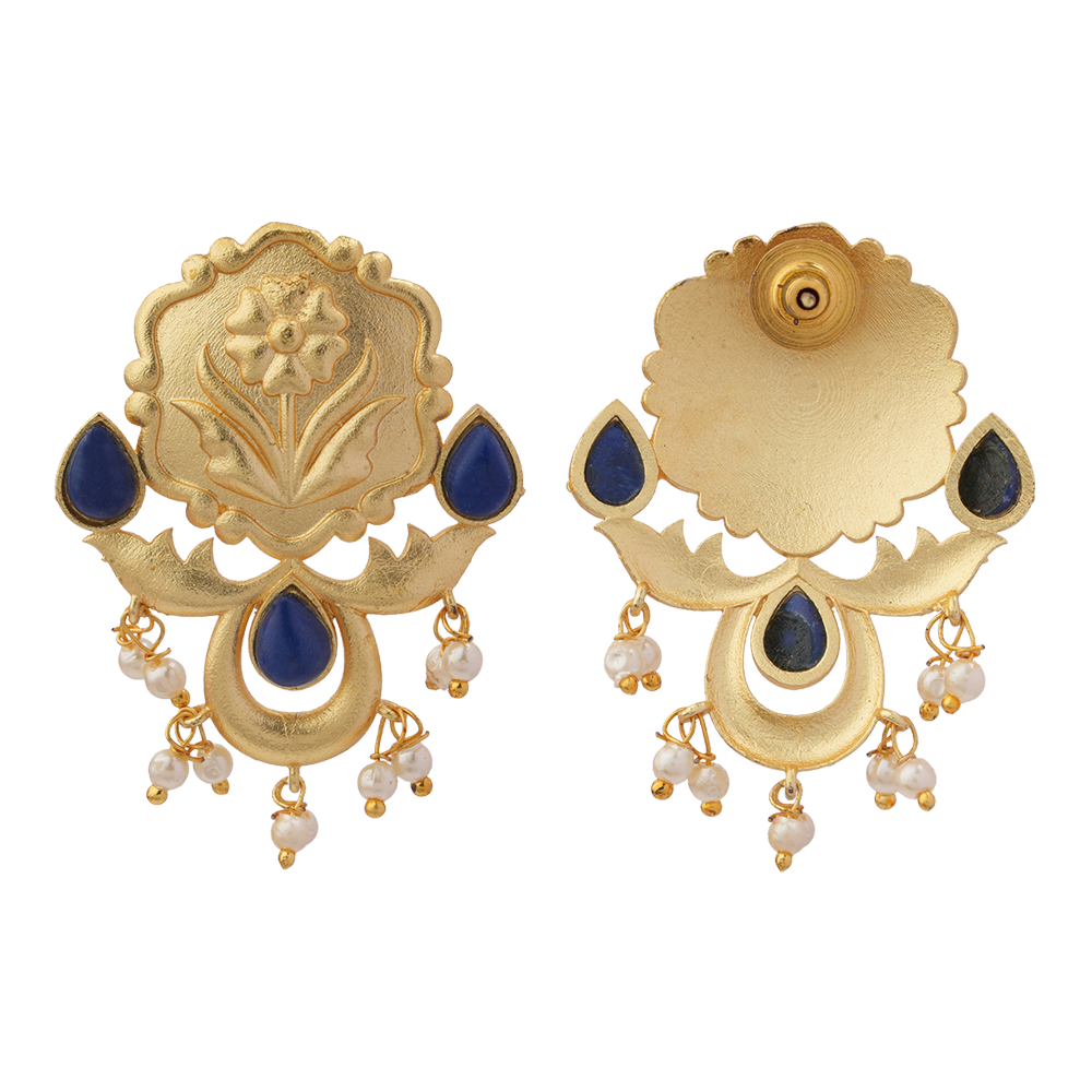 Ritika- Stone Studded Hanging Pearls Stud Earrings(Blue)