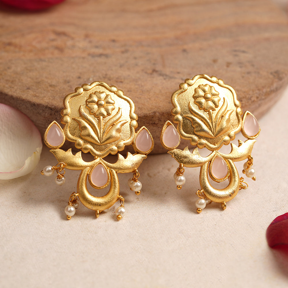 Ritika- Stone Studded Hanging Pearls Stud Earrings(Baby Pink)