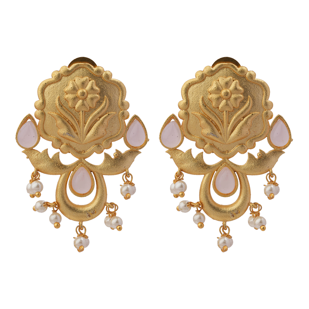 Ritika- Stone Studded Hanging Pearls Stud Earrings(Baby Pink)