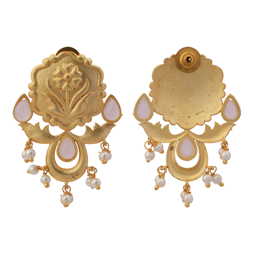 Ritika- Stone Studded Hanging Pearls Stud Earrings(Baby Pink)