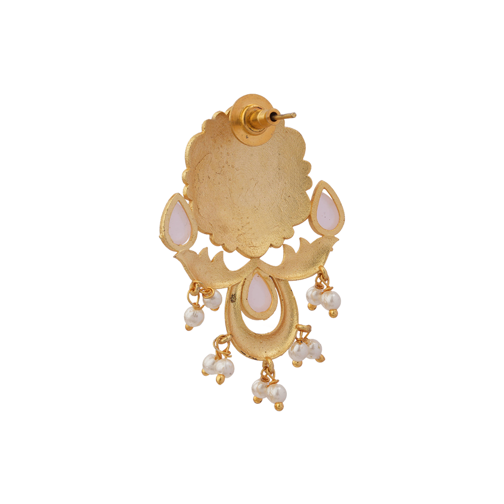 Ritika- Stone Studded Hanging Pearls Stud Earrings(Baby Pink)