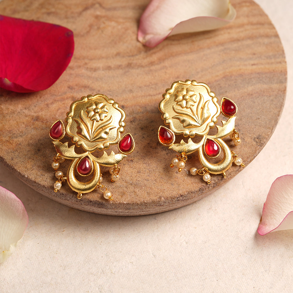 Ritika- Stone Studded Hanging Pearls Stud Earrings(Dark Red)