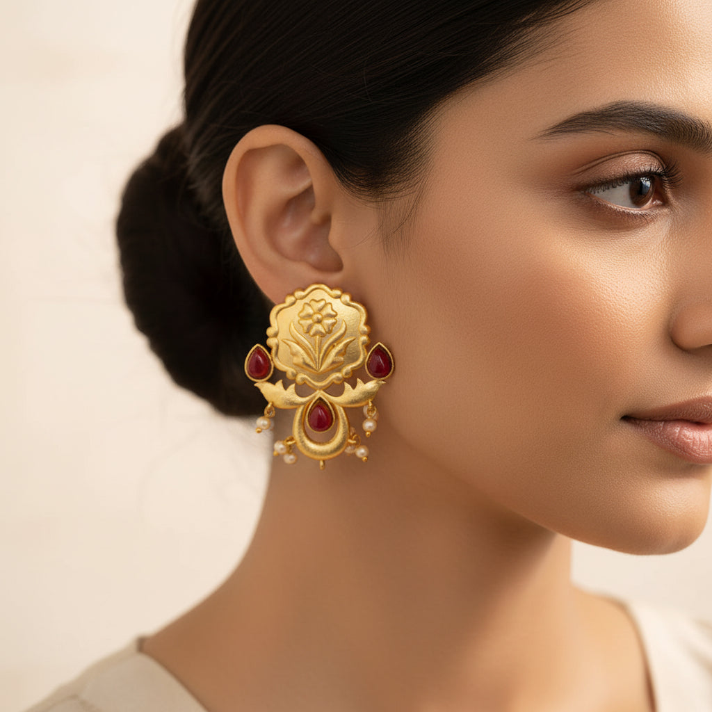 Ritika- Stone Studded Hanging Pearls Stud Earrings(Dark Red)