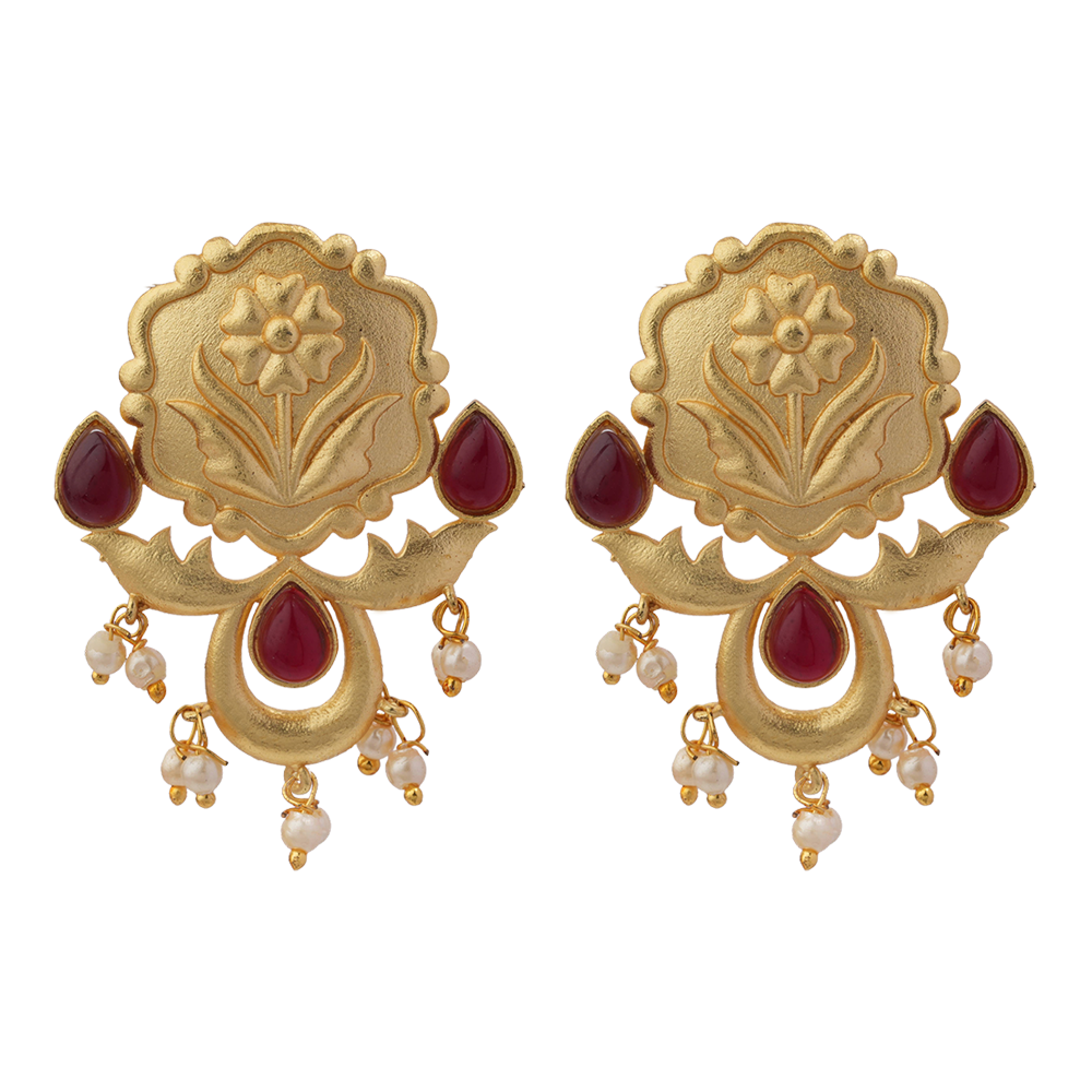 Ritika- Stone Studded Hanging Pearls Stud Earrings(Dark Red)