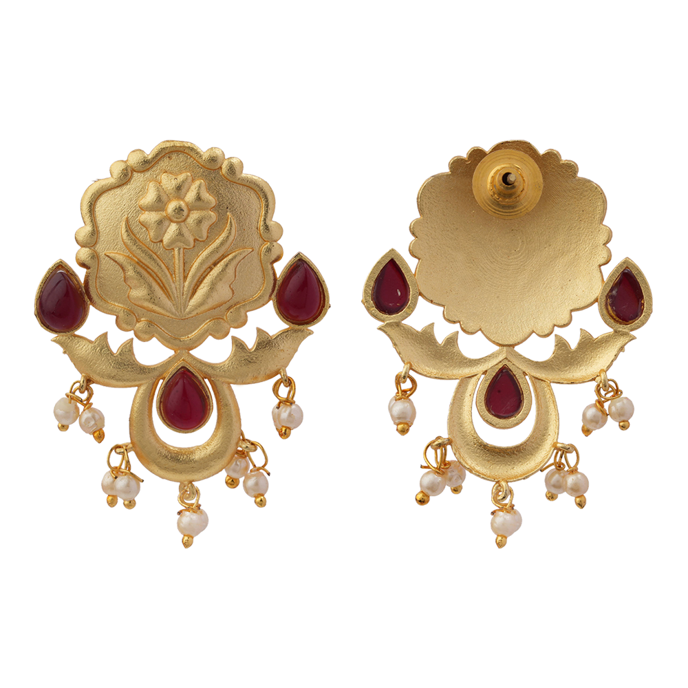 Ritika- Stone Studded Hanging Pearls Stud Earrings(Dark Red)