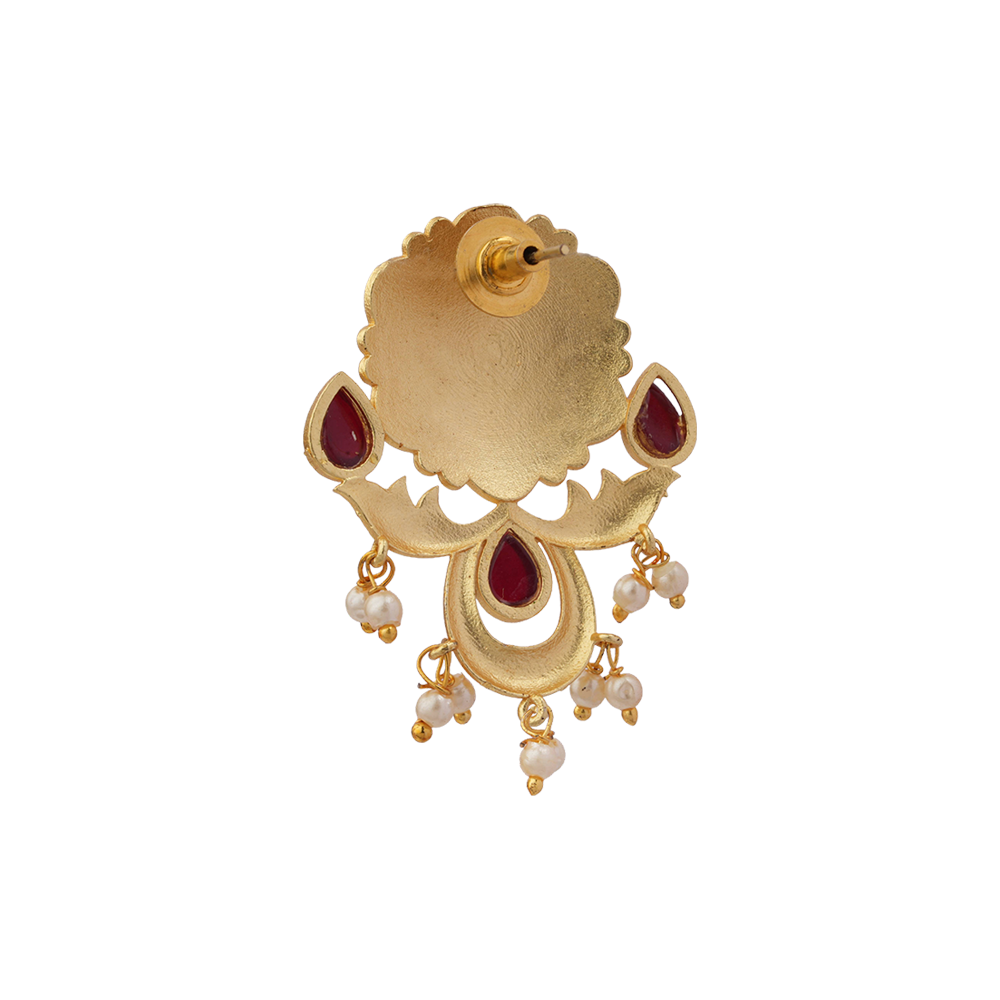 Ritika- Stone Studded Hanging Pearls Stud Earrings(Dark Red)
