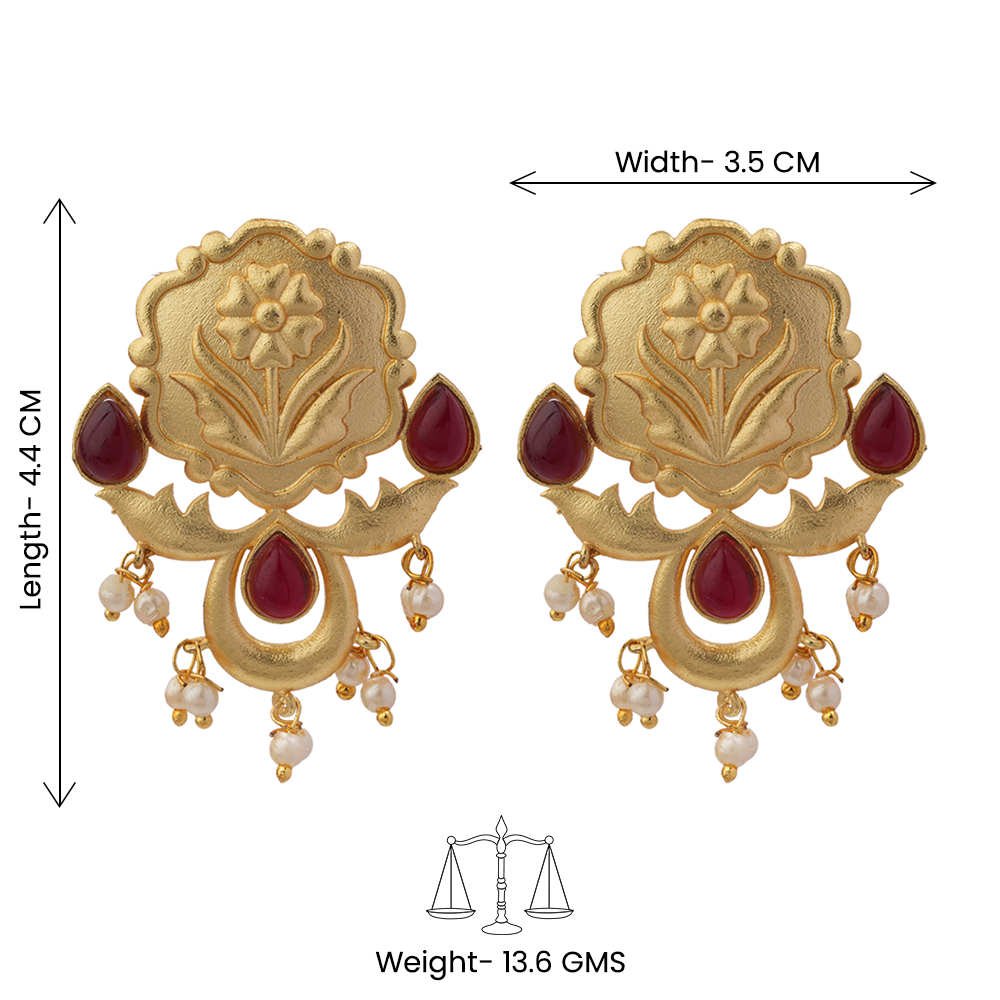 Ritika- Stone Studded Hanging Pearls Stud Earrings(Dark Red)
