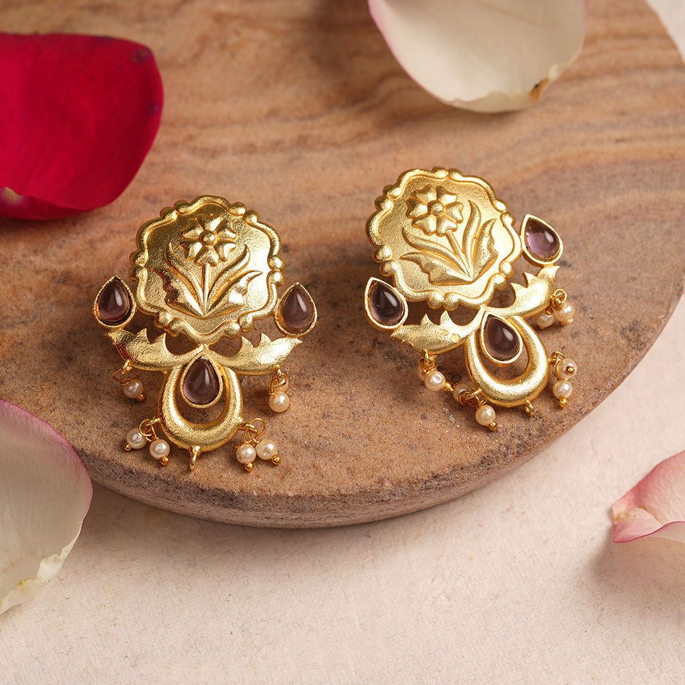 Ritika- Stone Studded Hanging Pearls Stud Earrings(Purple)