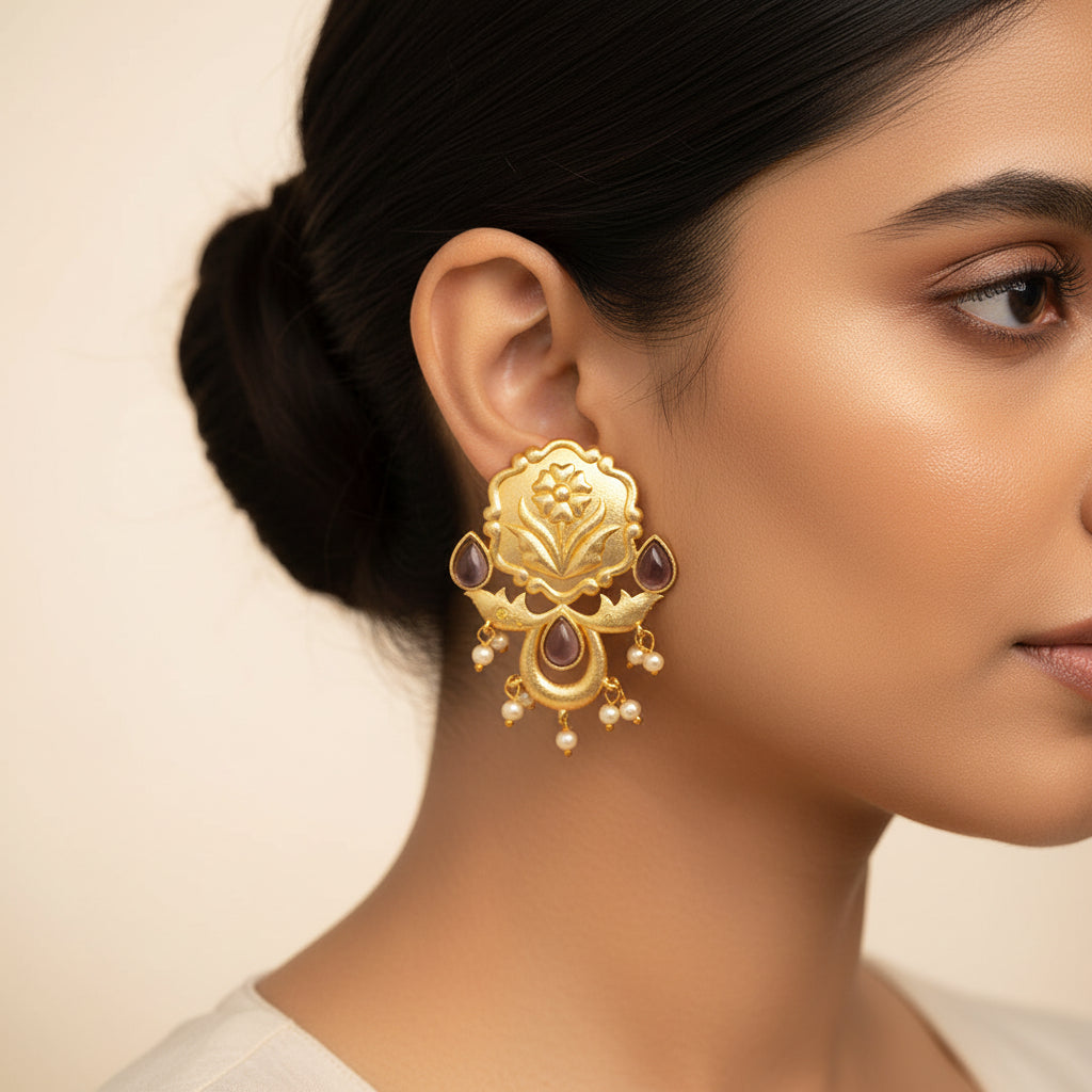 Ritika- Stone Studded Hanging Pearls Stud Earrings(Purple)