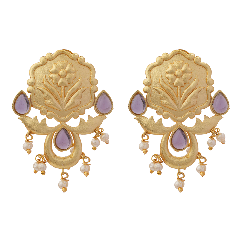 Ritika- Stone Studded Hanging Pearls Stud Earrings(Purple)