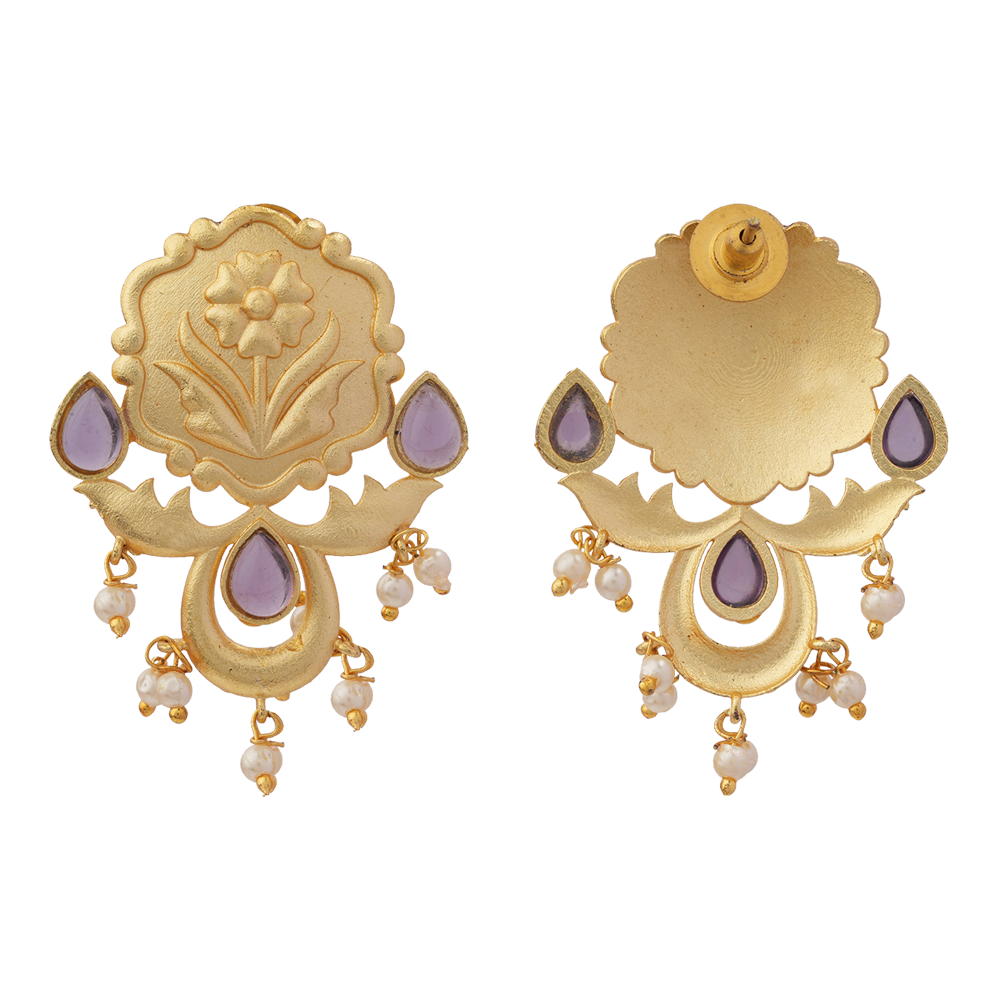 Ritika- Stone Studded Hanging Pearls Stud Earrings(Purple)
