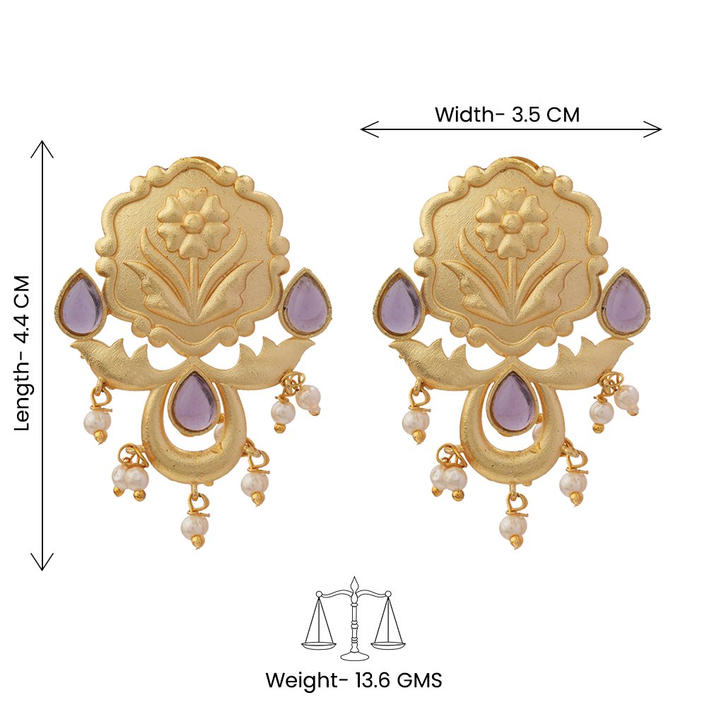 Ritika- Stone Studded Hanging Pearls Stud Earrings(Purple)