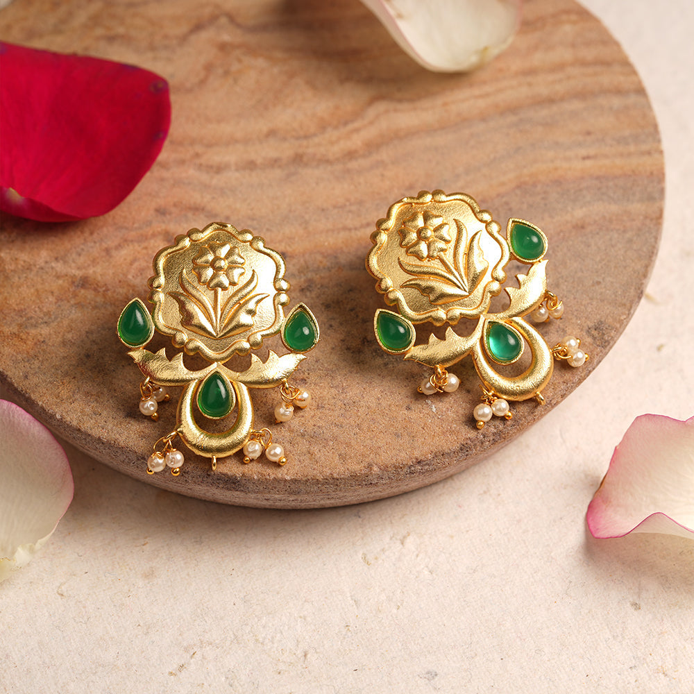 Ritika- Stone Studded Hanging Pearls Stud Earrings(Dark Green)