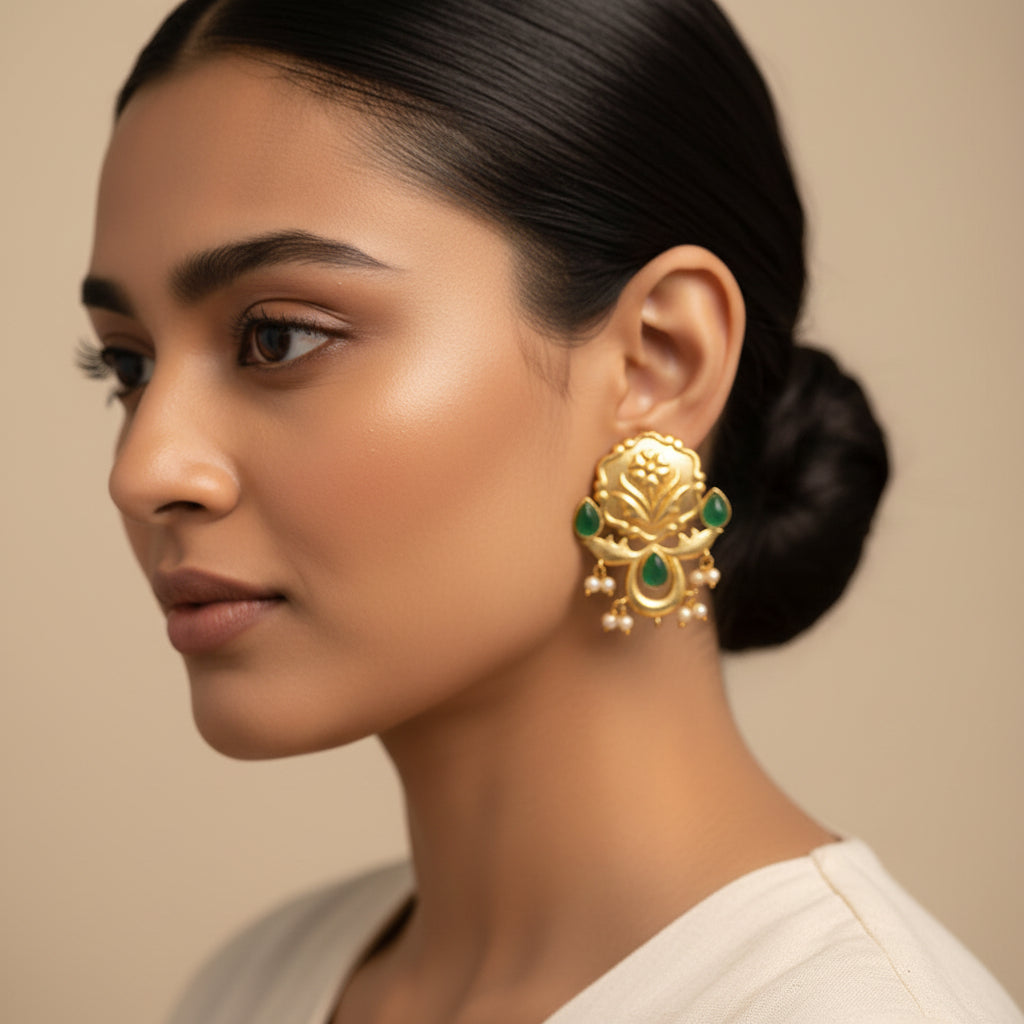 Ritika- Stone Studded Hanging Pearls Stud Earrings(Dark Green)