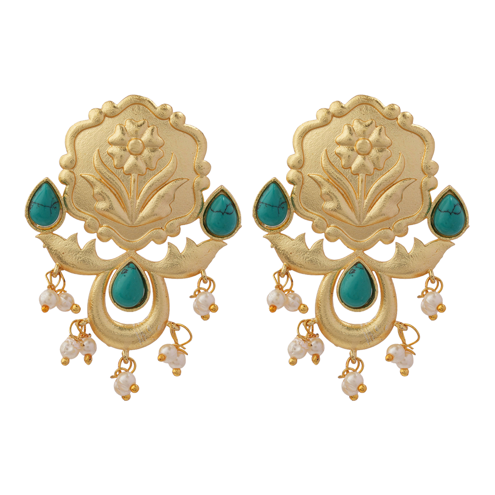 Ritika- Stone Studded Hanging Pearls Stud Earrings(Dark Green)