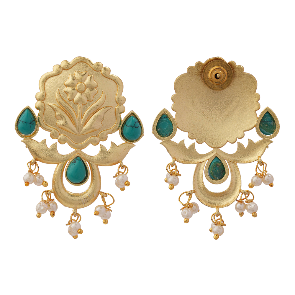 Ritika- Stone Studded Hanging Pearls Stud Earrings(Dark Green)