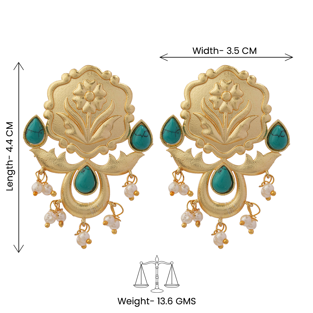 Ritika- Stone Studded Hanging Pearls Stud Earrings(Dark Green)