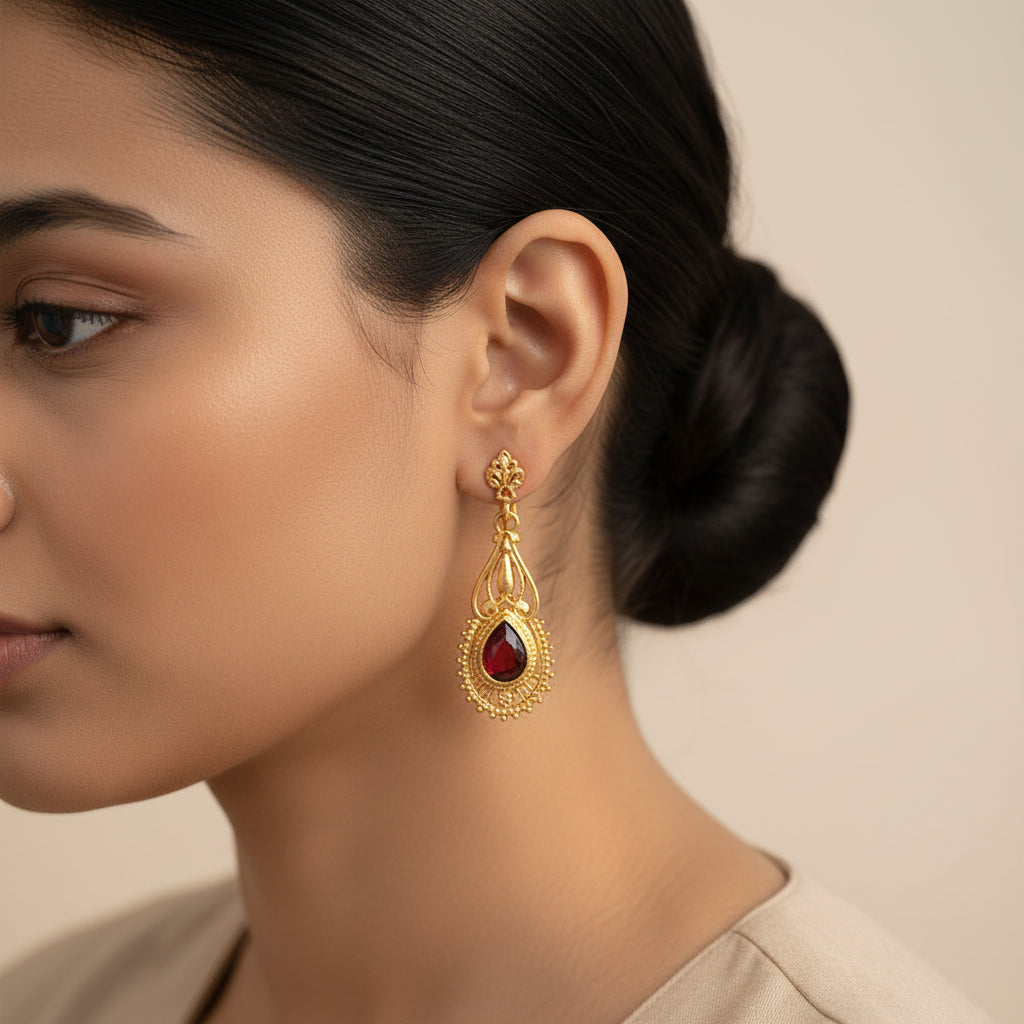 Ruhi- Stone Studded Dangler Earrings(Red)
