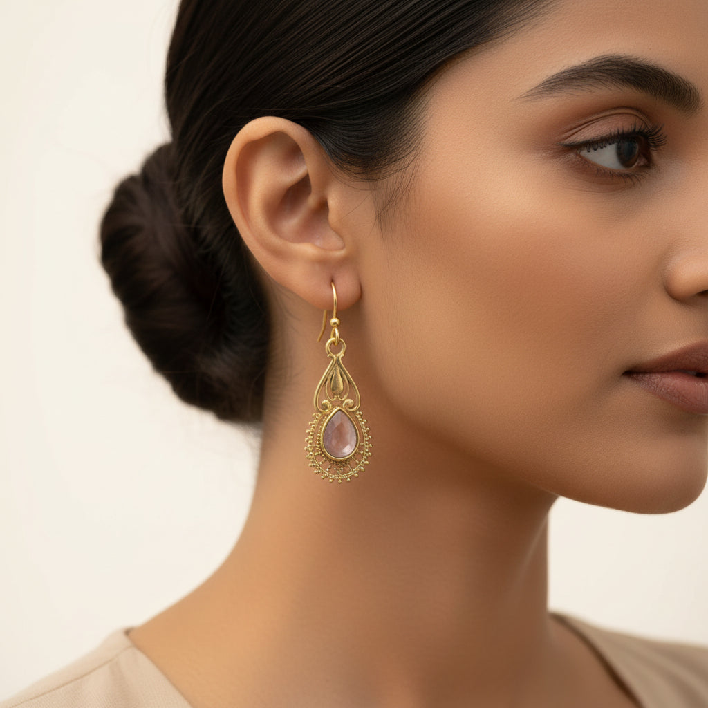 Ruhi- Stone Studded Dangler Earrings(Baby pink)