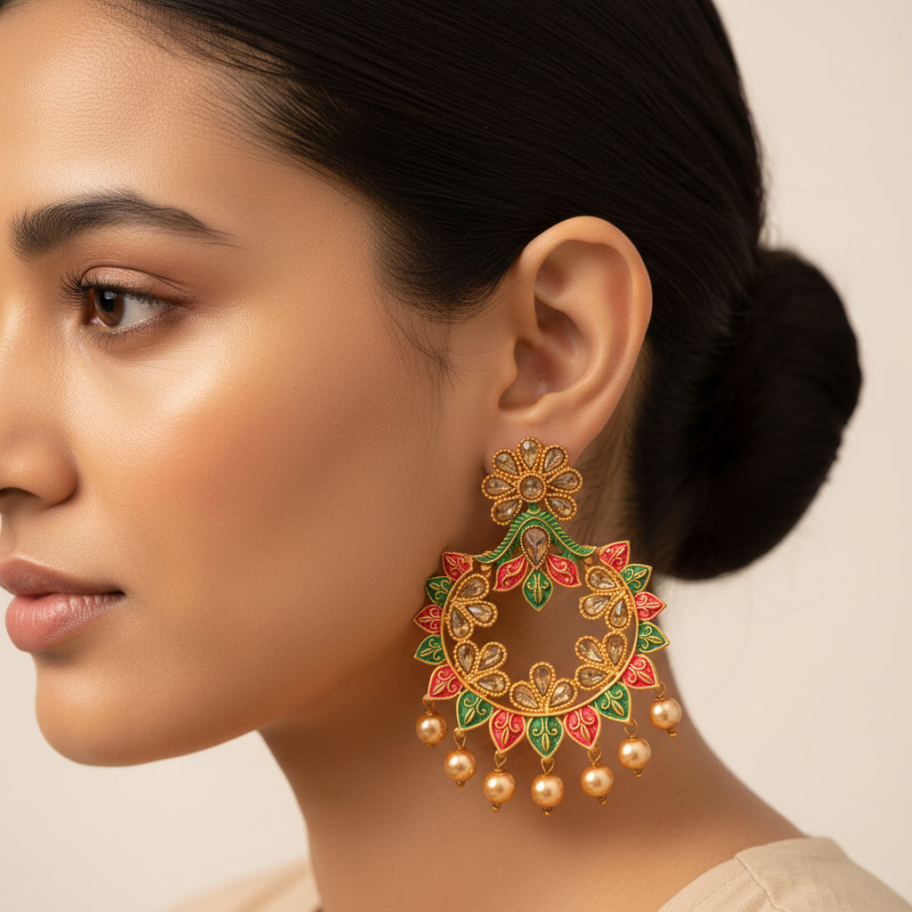 Shanaya- Meenakari Stone Studded Hanging Pearl Dangler Earrings