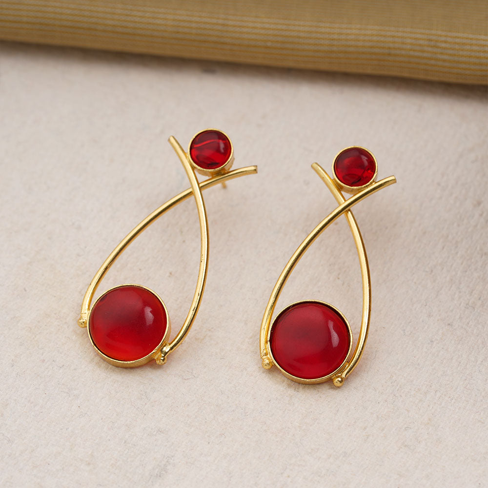 Anika- Stone Studded Golden Frames Earrings (Red)