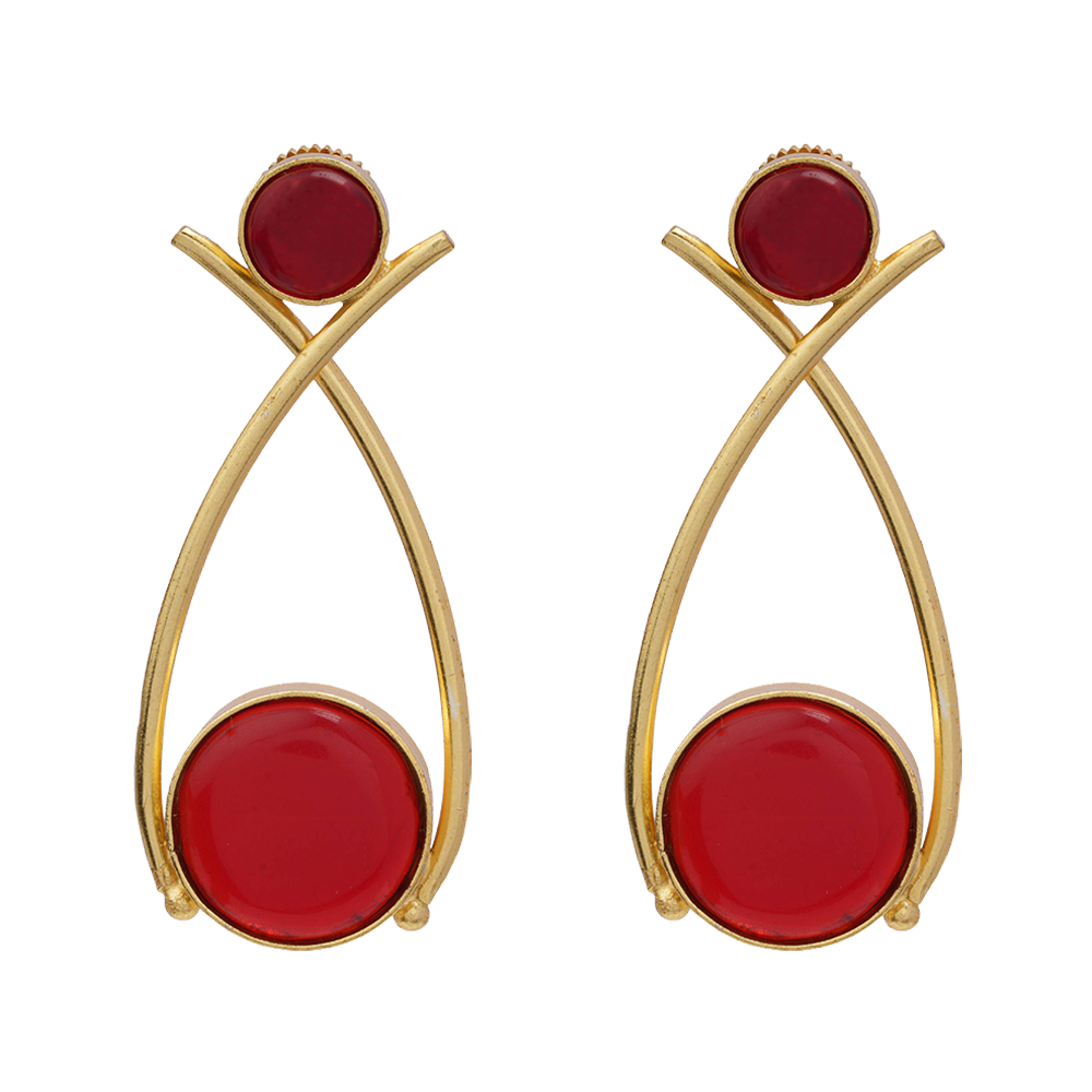 Anika- Stone Studded Golden Frames Earrings (Red)