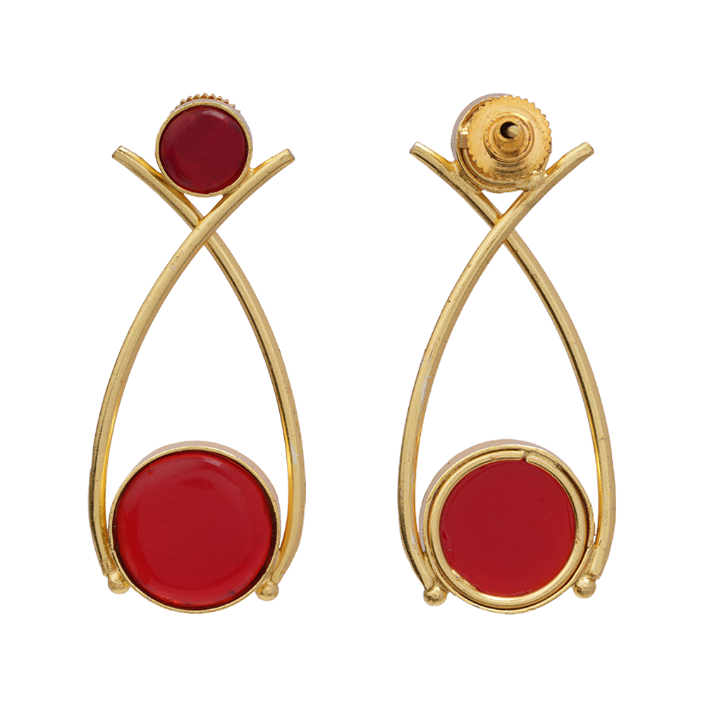 Anika- Stone Studded Golden Frames Earrings (Red)