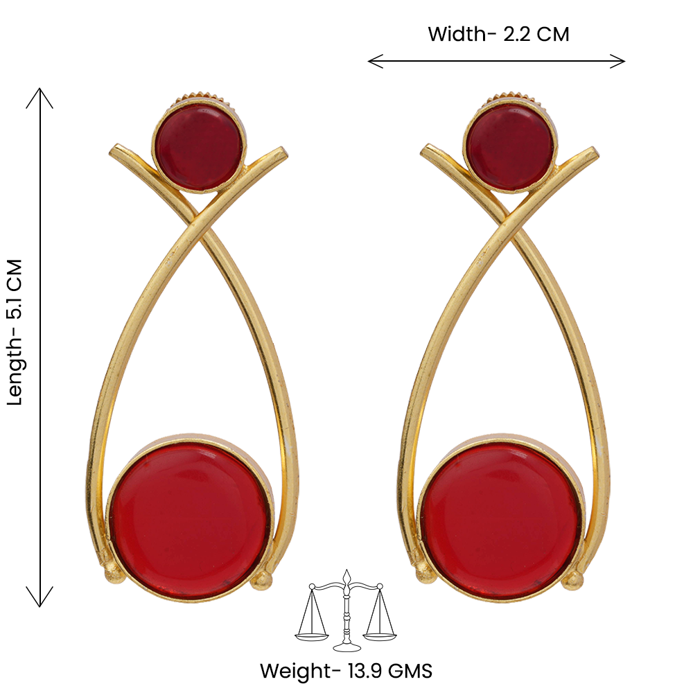 Anika- Stone Studded Golden Frames Earrings (Red)