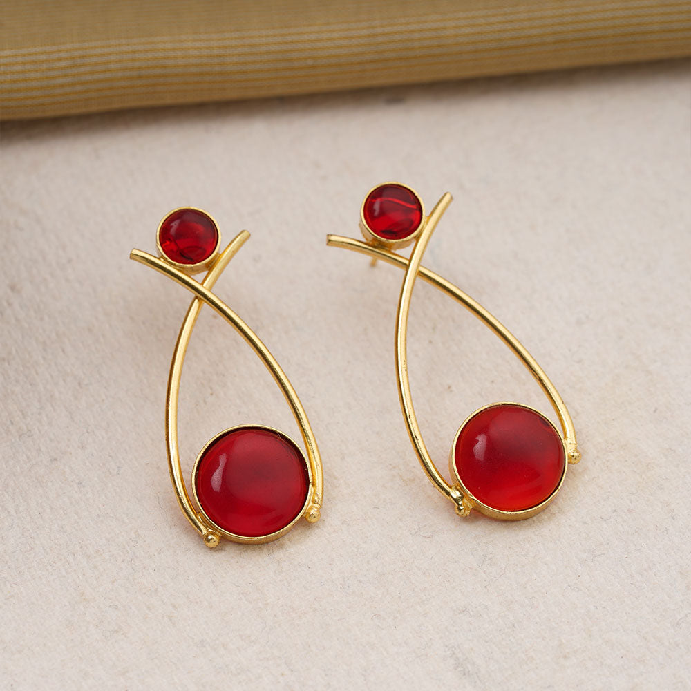 Anika- Stone Studded Golden Frames Earrings (Red)
